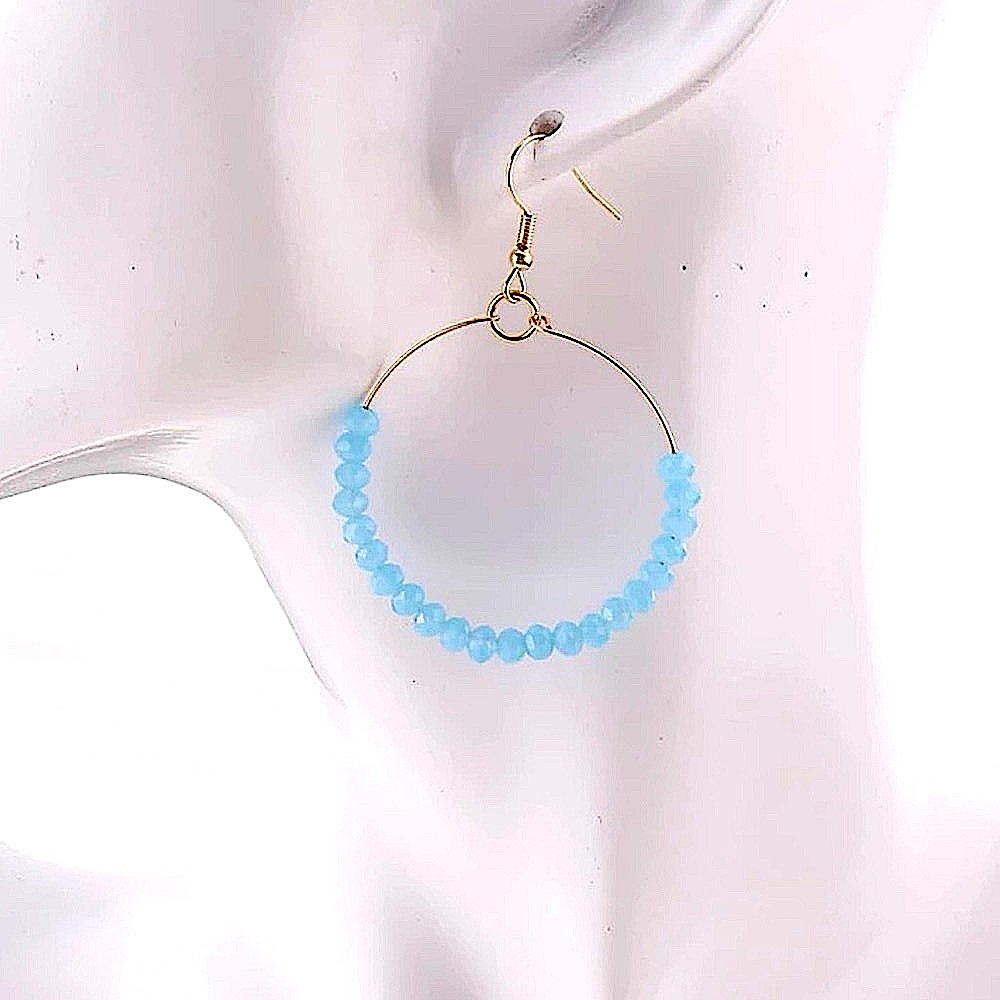 B2G1💙Blue Rondelle Crystal Bead Gold Hoop Earrings • Gemstone Beaded • NWT